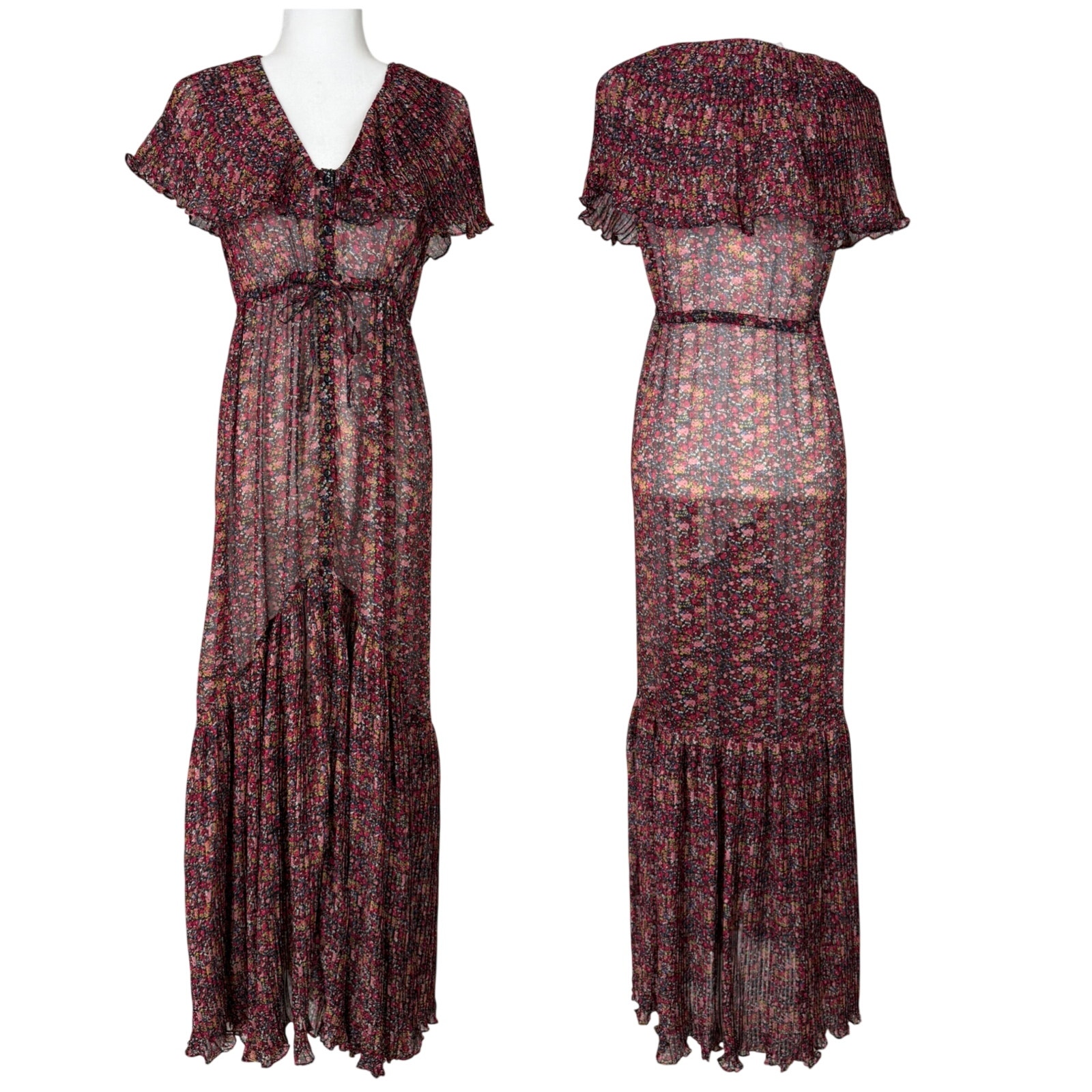 Bytimo Nwot Sheer Chiffon Button Front Floral Maxi Dress Size M Micro Pleated